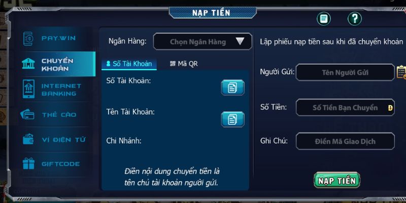 Cách nạp tiền B52 từ giao diện ngân hàng trực tuyến